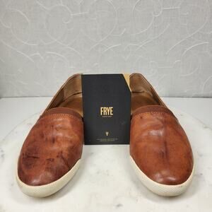 Frye Melanie Shoes Womens 7 Cognac Brown Leather Embossed Logo Slip On Flats